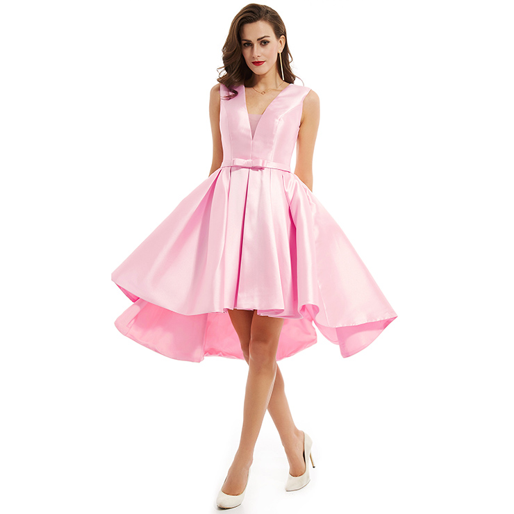 Women's Sexy Pink Sleeveless V Neck Bowknot A-line High-low Homecoming ...