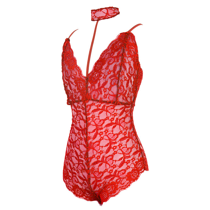 Sexy Red Halter Deep V Floral Lace Bodysuit Teddy Lingerie N16572