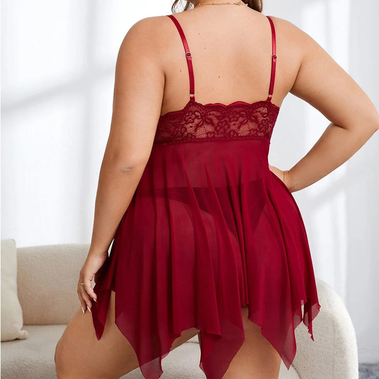 Sheer Lace Babydoll, Red Backless Lace Babydoll, Lace Sleepwear Dress, See-through Lace Babydoll Lingerie, Plus Size Sexy Red Lace Low Bra Backless See-through Babydoll Sleepwear Lingerie,#N22936