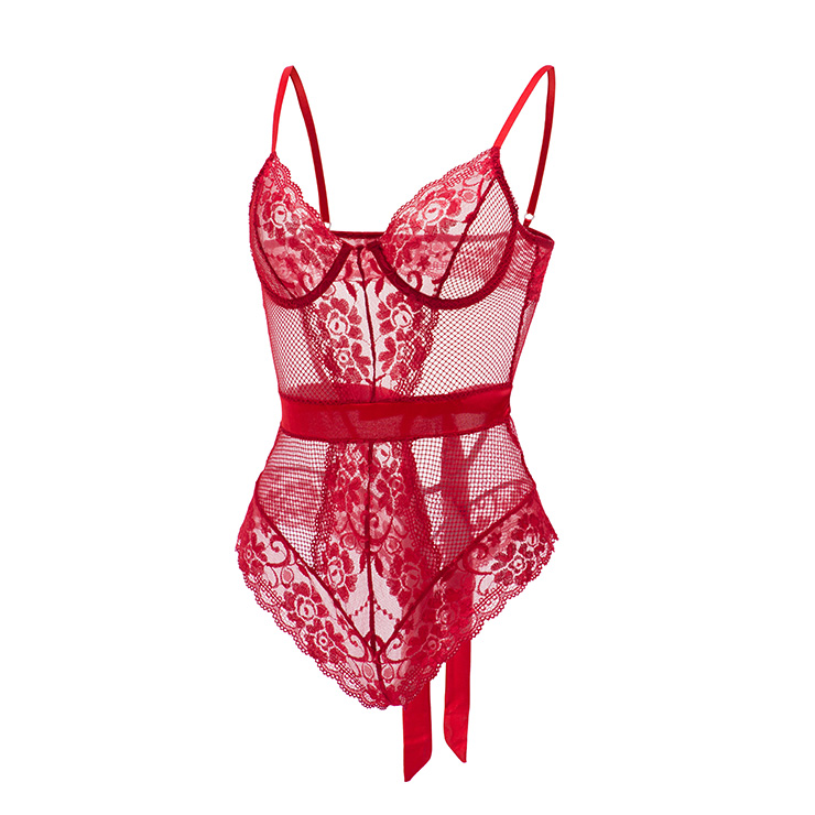 Sexy Red See-through Floral Lace Underwire Netted One-piece Bodysuit ...