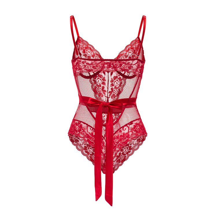 Sexy Red Seethrough Floral Lace Underwire Netted Onepiece Bodysuit