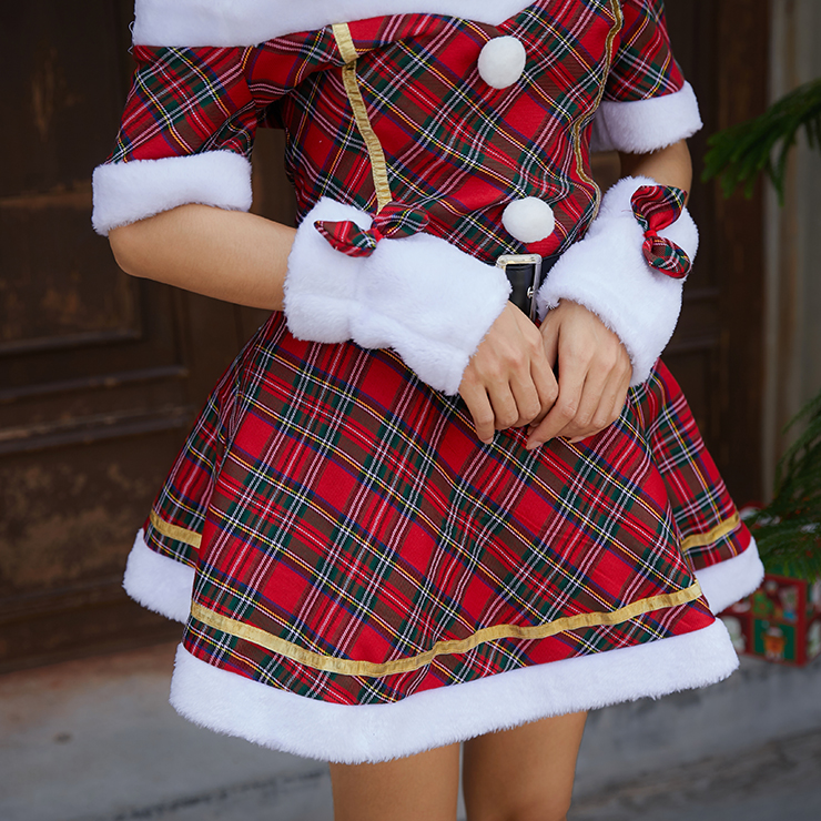 Furry Christmas Mini Dress, Sexy Christmas Costume, Red Checkered Christmas Costume, Christmas Costume for Women, Cute Christmas Skirt, Miss Santa