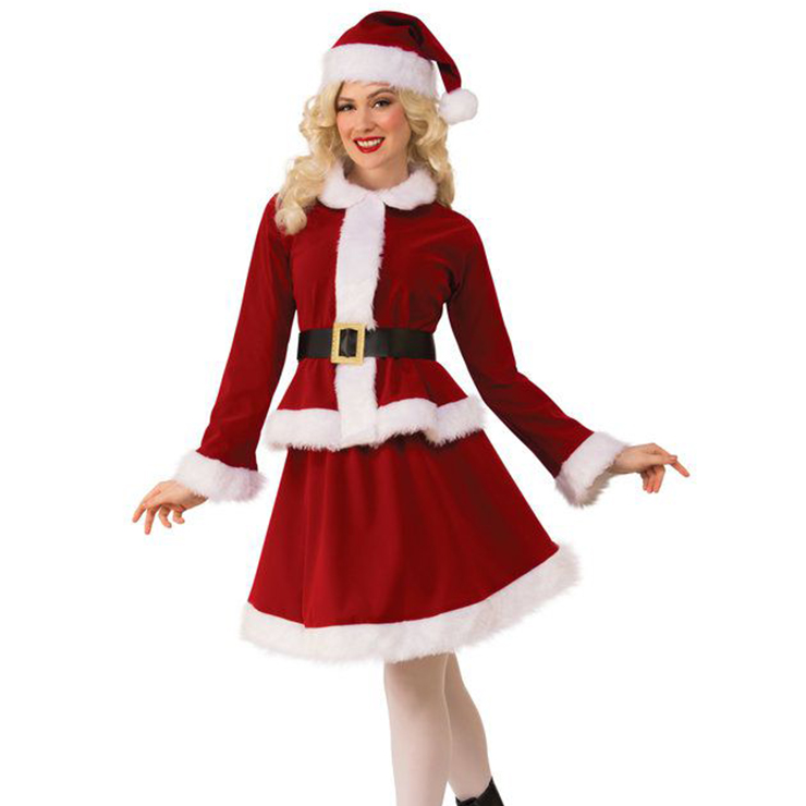 4pcs Santa Girl Furry Coat and Mini Skirt Red Christmas Costume XT20044