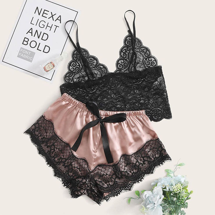 Sexy See-through Lace Spaghetti Straps Top and Soft Imitated Silk ...