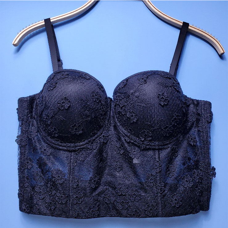 Sexy Black Sheer Lace Flowers Padded Underwire B Cup Bustier Bra Clubwear Crop Top N20534