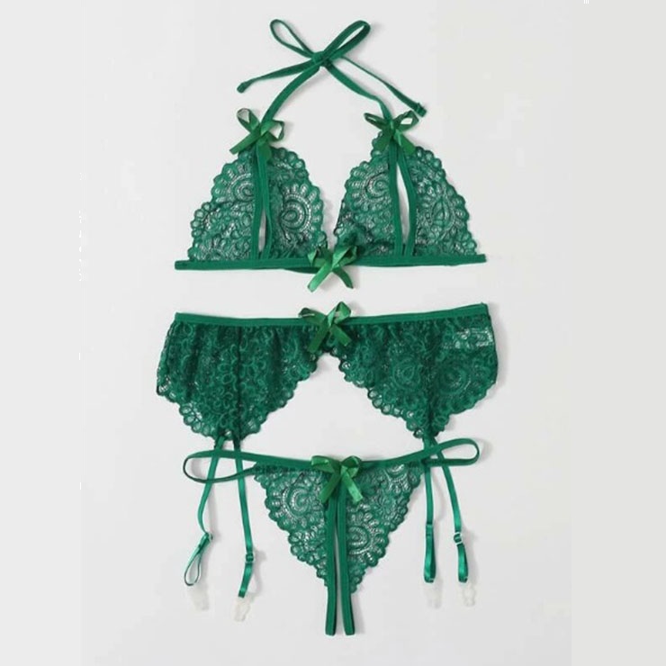 3pcs Sexy Green Sheer Floral Lace Halter Bowknot Bikini Lingerie Bra Thong Set With Garter N20713