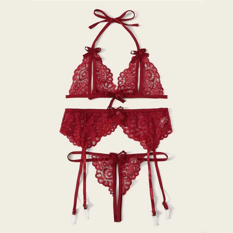 3pcs Sexy Red Sheer Floral Lace Halter Bowknot Bikini Lingerie Bra Thong Set With Garter N20715