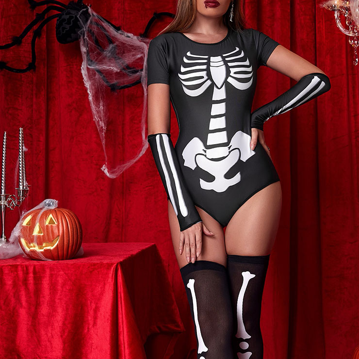 Skull Role Play Costume, Classical Adult Skull Halloween Costume, Deluxe Skull Costume, Sexy Black Skull Short Sleeve Jumpsuit Nightclub Party Masquerade Costum,#N22685