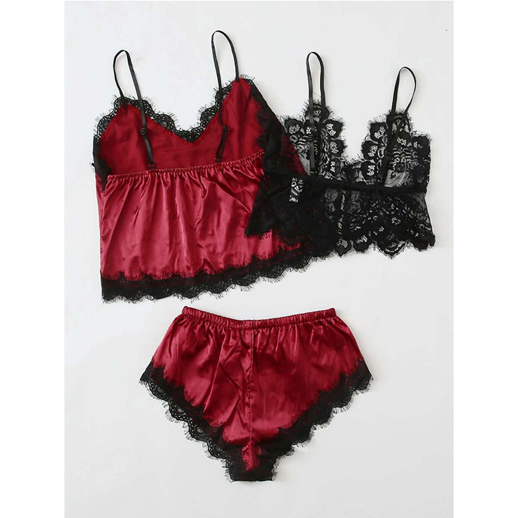 3Pcs Sexy Red-wine Satin Sling Lingerie And Panty Set Lace Pajamas Suit ...