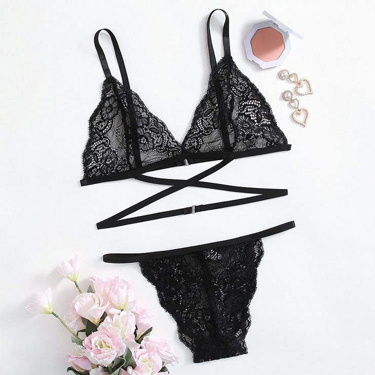 Sexy Spaghetti Straps Bra and Thong See-through Floral Lace Strappy Underwear Lingerie N21978