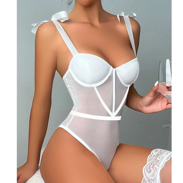 See-through Lace-up Lingerie, Sexy Sheer Lace Bodysuit Lingerie, Cheap Romper Lingerie for Women, Sexy Valentines Lingerie, Sexy Stretchy Bodysuit Lingerie, Sexy Backless White Lingerie, Hot Teddies Lingerie, #N23329