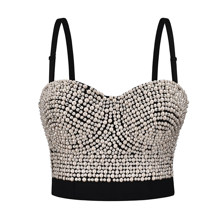 Women's Sexy White Beaded B Cup Bustier Bra Clubwear Crop Top N20837