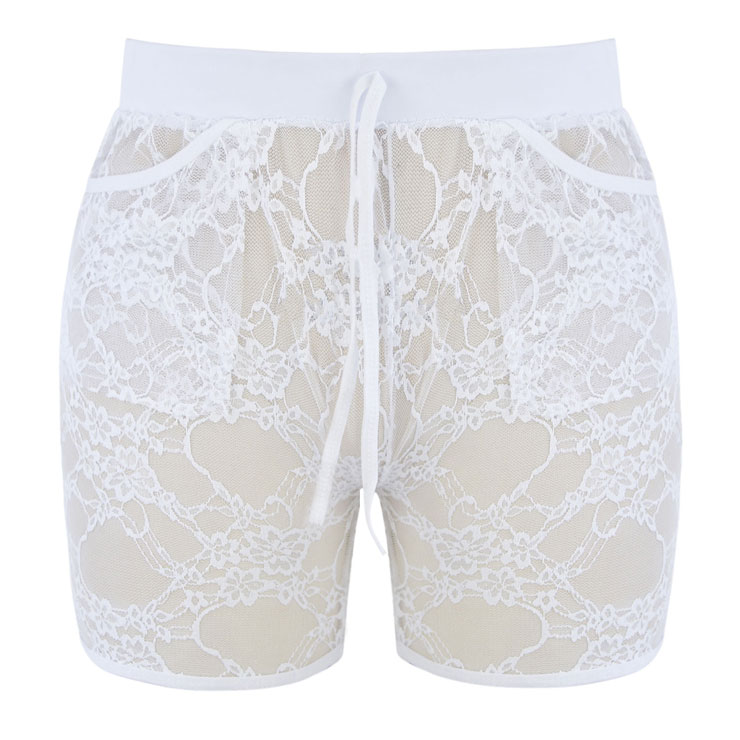 Sexy White Shorts Plus Size, High Waist Panty for Women, White Lace Plus Size Panty, Lace High Waist Panty, Sexy See-through Underwear, #PT16438