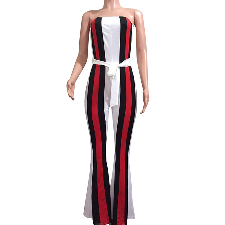 Sexy Sleeveless Strapless Jumpsuit, White Slim Fit Bellbottoms Jumpsuit, Bodycon Elastic Bellbottoms Jumpsuit, Sleeveless High Waist Bellbottoms Jumpsuit, Fashion Stripe Bellbottoms Jumpsuit for Women, #N16296