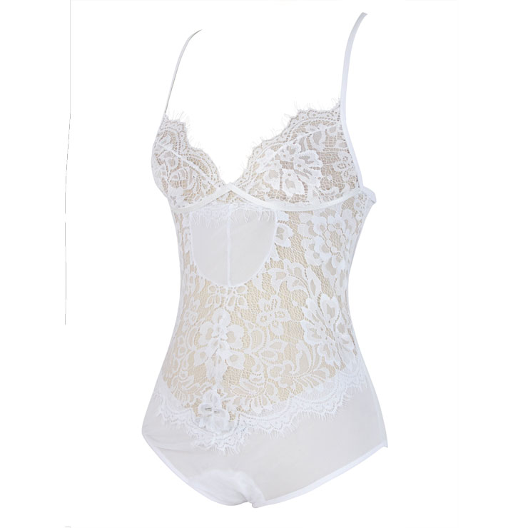Sexy White Underwire Cup Hollow Out Floral Lace Bodysuit Lingerie N16763