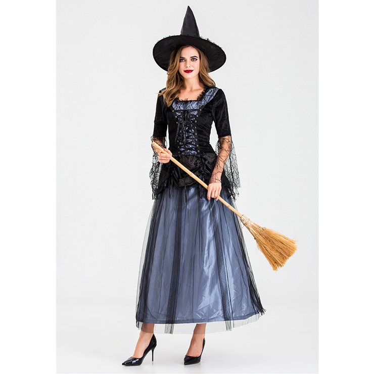 Sexy Gothic Witch Square Neck Lace-up Maxi Dress Adult Halloween ...