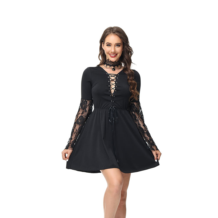 Black Vintage Witch Costume, Vintage Witch Halloween Party Dress, Sexy Black Witch Costume, Fashion Black Witch Women Costume, Sexy Witch Lace Long Sleeve Hollow Out Lace-up Dress Adult Halloween Cosplay Costume#N23239