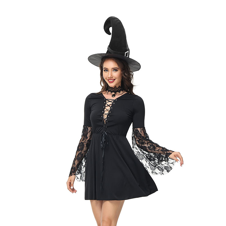 Black Vintage Witch Costume, Vintage Witch Halloween Party Dress, Sexy Black Witch Costume, Fashion Black Witch Women Costume, Sexy Witch Lace Long Sleeve Hollow Out Lace-up Dress Adult Halloween Cosplay Costume#N23239
