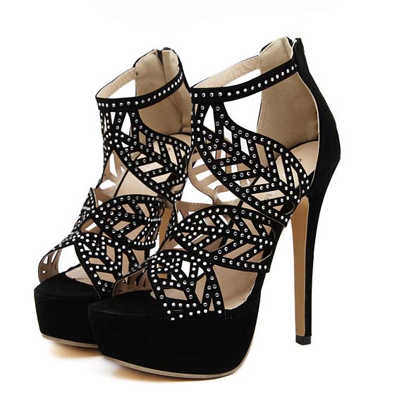Shiny Black Suede Leaves Rhinestone Hollow-out Design Zipper High Heel ...