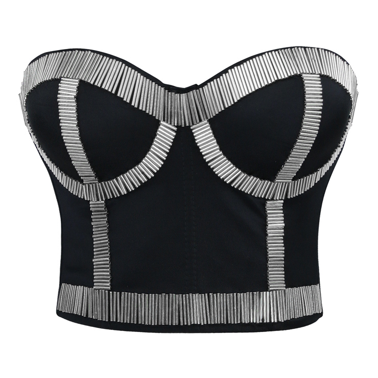 Silver Metal Stick Black Underwire B Cup Bustier Crop Top Bra N11584