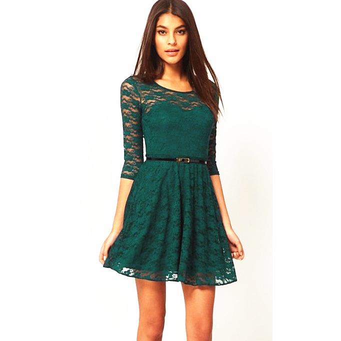 Charming Green Floral Lace Three Quarter Sleeve Cocktail Skater Dress ...