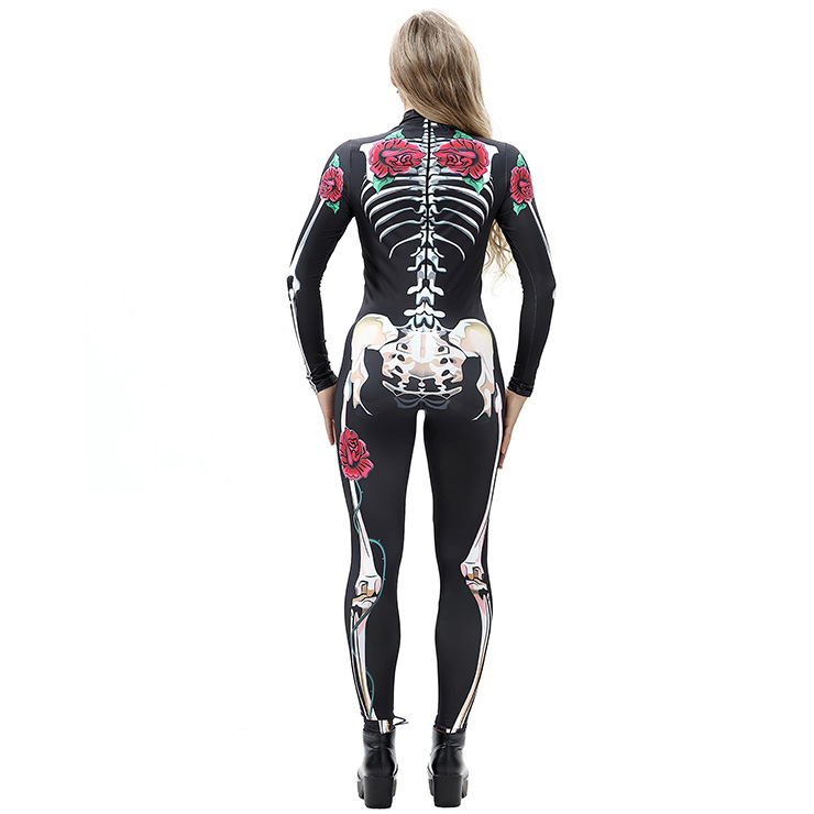 Horrible Skull Printed Jumpsuit, Halloween Skeleton High Neck Slim Fit Bodysuit, Halloween Bodycon Jumpsuit, Long Sleeve High Neck Jumpsuit, Halloween Skeleton Jumpsuit for Women, #N18234