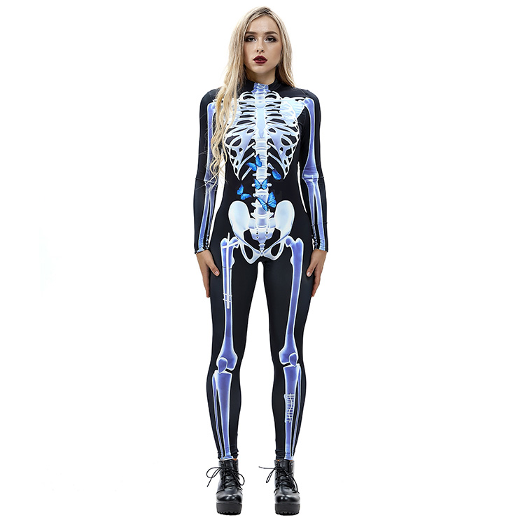 Horrible Skull Printed Jumpsuit, Halloween Skeleton High Neck Slim Fit Bodysuit, Halloween Bodycon Jumpsuit, Long Sleeve High Neck Jumpsuit, Halloween Skeleton Jumpsuit for Women, #N18235