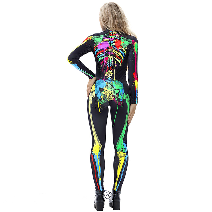 Horrible Skull Printed Jumpsuit, Halloween Skeleton High Neck Slim Fit Bodysuit, Halloween Bodycon Jumpsuit, Long Sleeve High Neck Jumpsuit, Halloween Skeleton Jumpsuit for Women, #N18236