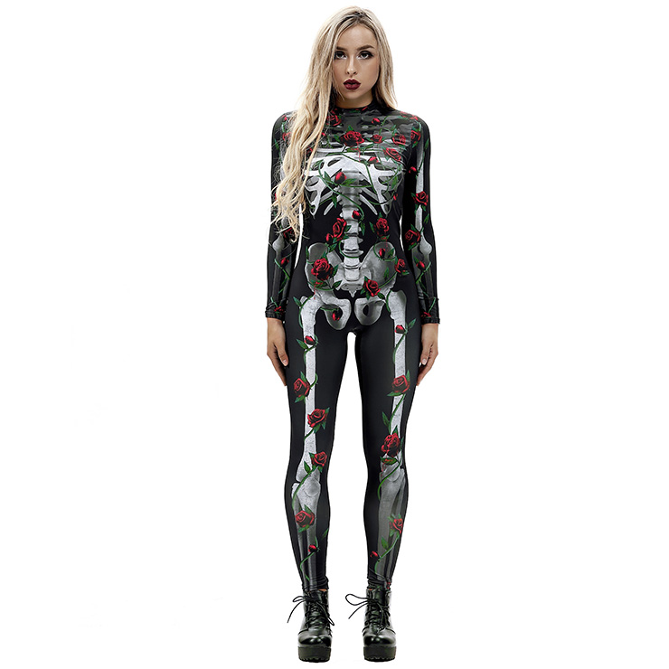 Scary Skull and Red Roses Unitard 3D Printed Skeleton High Neck Bodysuit Halloween Costume N18237