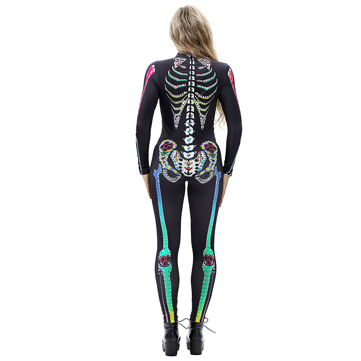 Horrible Skull Printed Jumpsuit, Halloween Skeleton High Neck Slim Fit Bodysuit, Halloween Bodycon Jumpsuit, Long Sleeve High Neck Jumpsuit, Halloween Skeleton Jumpsuit for Women, #N18238
