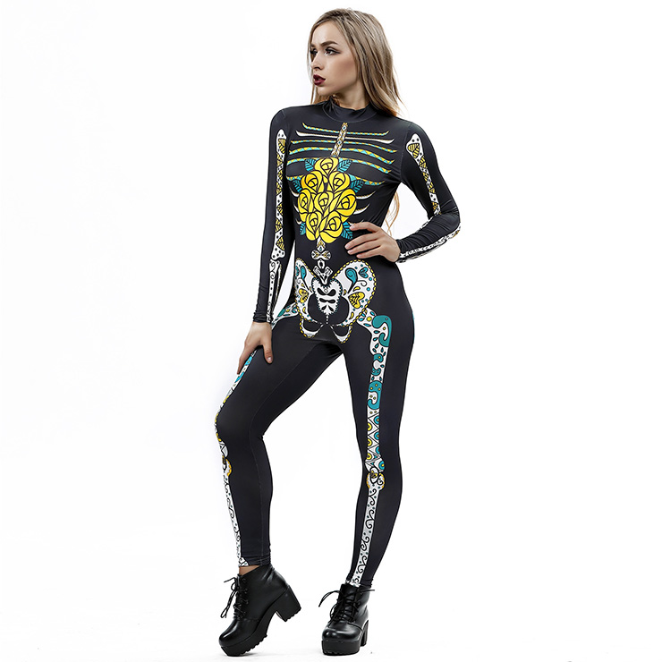 Horrible Skull Printed Jumpsuit, Halloween Skeleton High Neck Slim Fit Bodysuit, Halloween Bodycon Jumpsuit, Long Sleeve High Neck Jumpsuit, Halloween Skeleton Jumpsuit for Women, #N18239