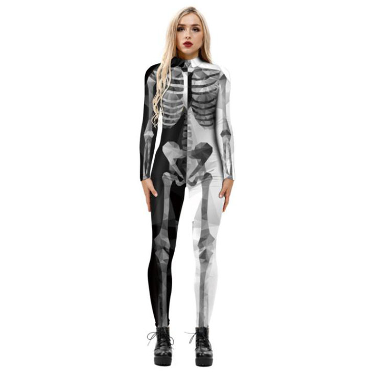 Horrible Skull Printed Jumpsuit, Halloween Skeleton High Neck Slim Fit Bodysuit, Halloween Bodycon Jumpsuit, Long Sleeve High Neck Jumpsuit, Halloween Skeleton Jumpsuit for Women, #N21394