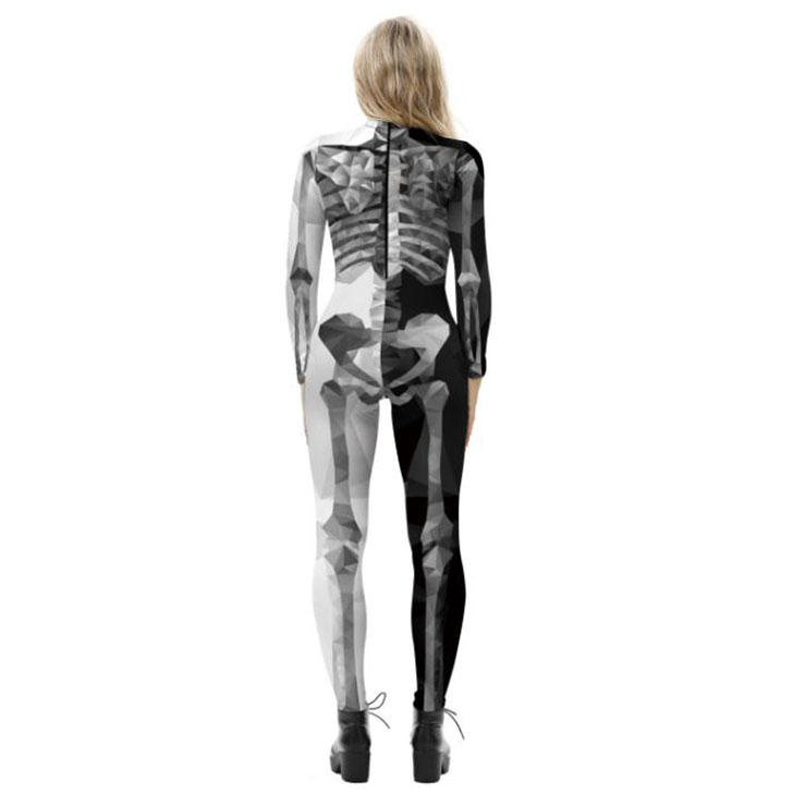 Horrible Skull Printed Jumpsuit, Halloween Skeleton High Neck Slim Fit Bodysuit, Halloween Bodycon Jumpsuit, Long Sleeve High Neck Jumpsuit, Halloween Skeleton Jumpsuit for Women, #N21394