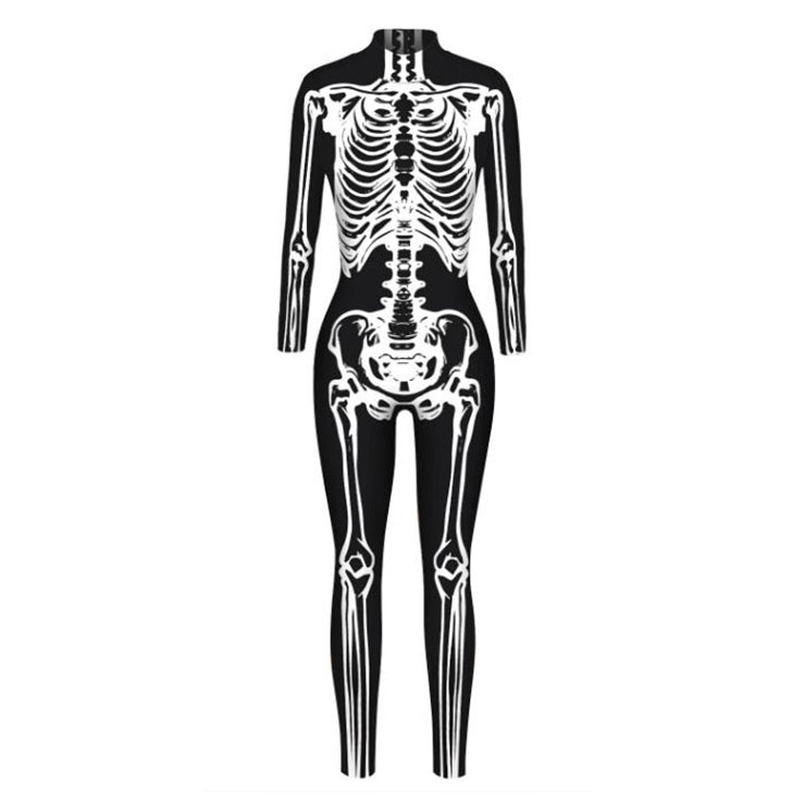 Horrible Skull Printed Jumpsuit, Halloween Skeleton High Neck Slim Fit Bodysuit, Halloween Bodycon Jumpsuit, Long Sleeve High Neck Jumpsuit, Halloween Skeleton Jumpsuit for Women, #N21395