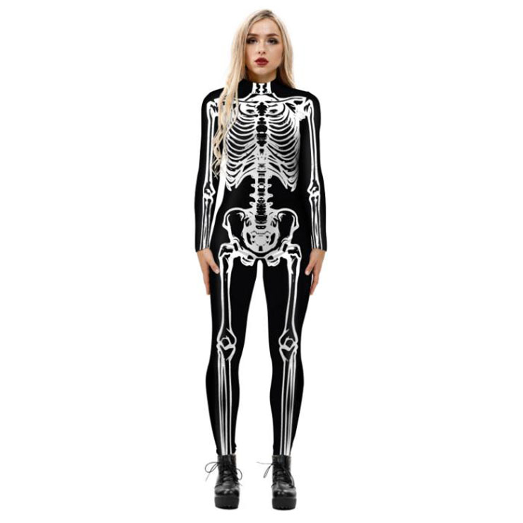 Horrible Skull Printed Jumpsuit, Halloween Skeleton High Neck Slim Fit Bodysuit, Halloween Bodycon Jumpsuit, Long Sleeve High Neck Jumpsuit, Halloween Skeleton Jumpsuit for Women, #N21395