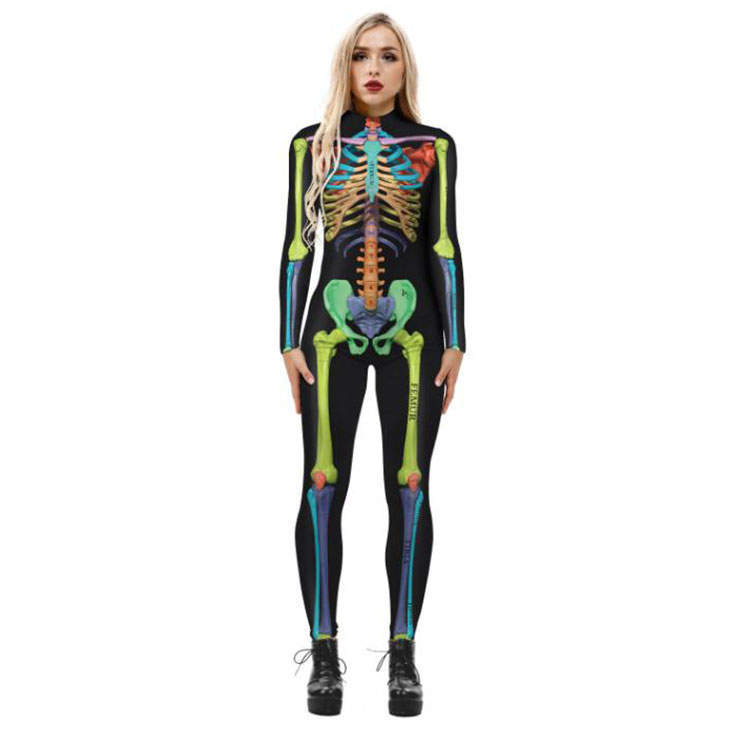 Horrible Skull Printed Jumpsuit, Halloween Skeleton High Neck Slim Fit Bodysuit, Halloween Bodycon Jumpsuit, Long Sleeve High Neck Jumpsuit, Halloween Skeleton Jumpsuit for Women, #N21397
