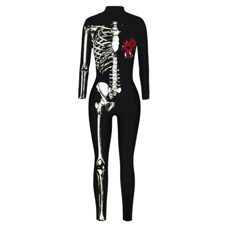 Horrible Skull Printed Jumpsuit, Halloween Skeleton High Neck Slim Fit Bodysuit, Halloween Bodycon Jumpsuit, Long Sleeve High Neck Jumpsuit, Halloween Skeleton Jumpsuit for Women, #N21398