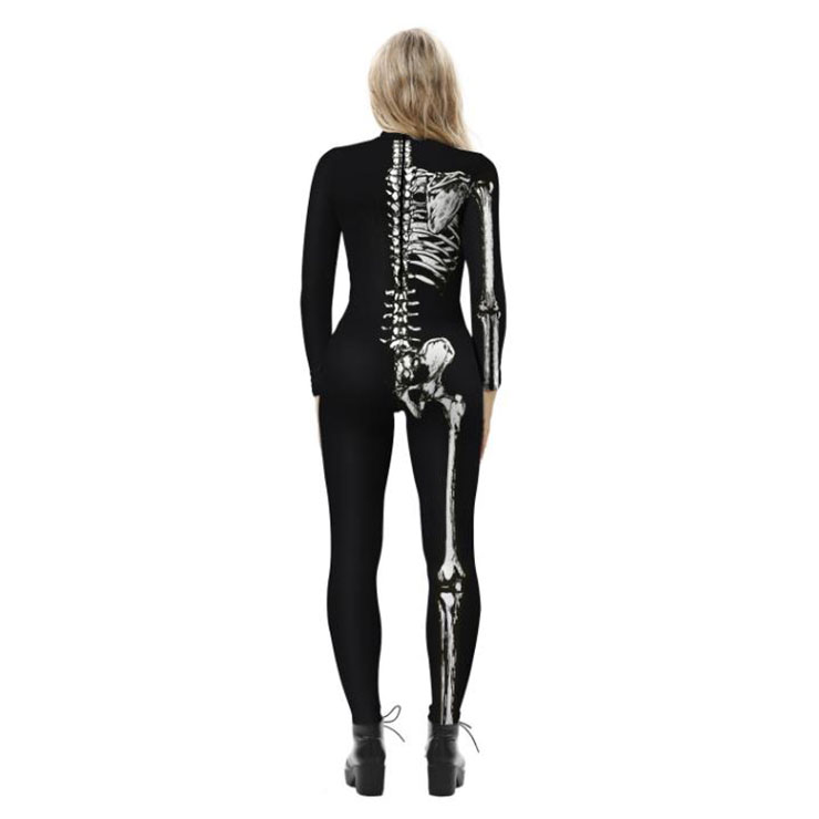 Horrible Skull Printed Jumpsuit, Halloween Skeleton High Neck Slim Fit Bodysuit, Halloween Bodycon Jumpsuit, Long Sleeve High Neck Jumpsuit, Halloween Skeleton Jumpsuit for Women, #N21398
