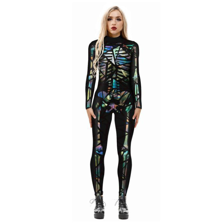 Horrible Skull Printed Jumpsuit, Halloween Skeleton High Neck Slim Fit Bodysuit, Halloween Bodycon Jumpsuit, Long Sleeve High Neck Jumpsuit, Halloween Skeleton Jumpsuit for Women, #N21399
