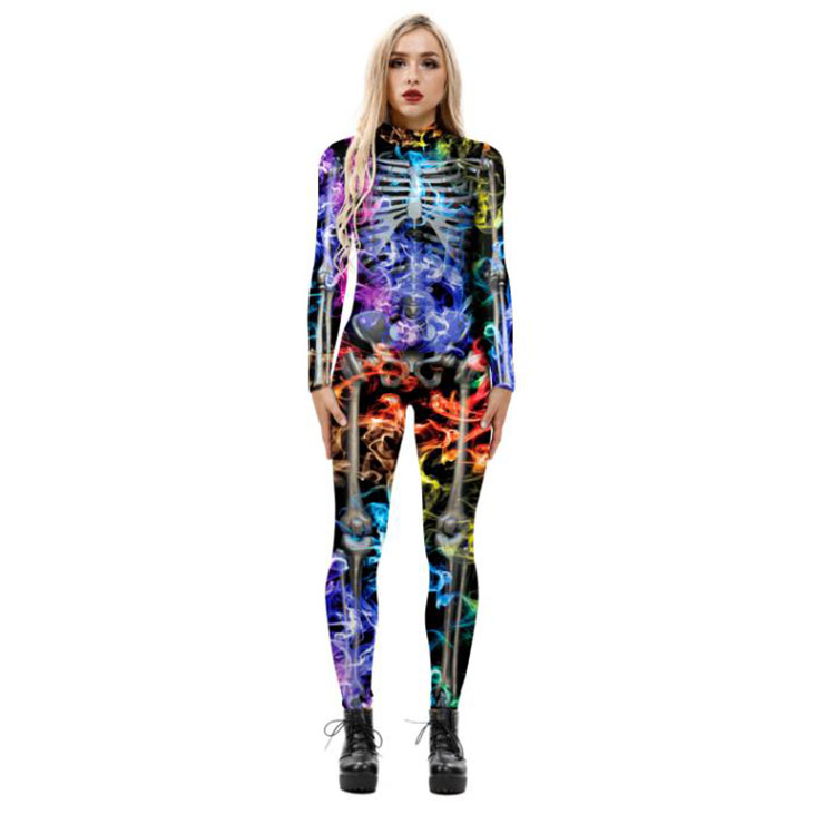 Horrible Skull Printed Jumpsuit, Halloween Skeleton High Neck Slim Fit Bodysuit, Halloween Bodycon Jumpsuit, Long Sleeve High Neck Jumpsuit, Halloween Skeleton Jumpsuit for Women, #N21400