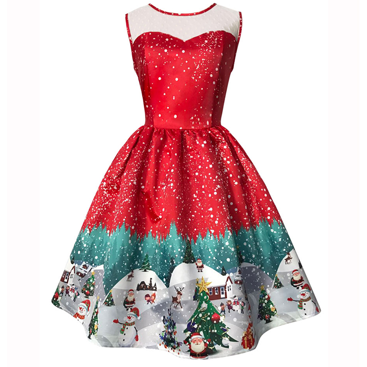 Women's Round Neck Sleeveless Printed Flared Cocktail Party Christmas