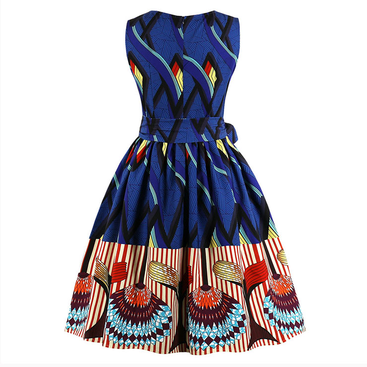 Vintage Sleeveless Round Neck Midi Dress, Retro Printed Swing Dress with Belt, Classical Sleeveless Printed Midi Dress, Women