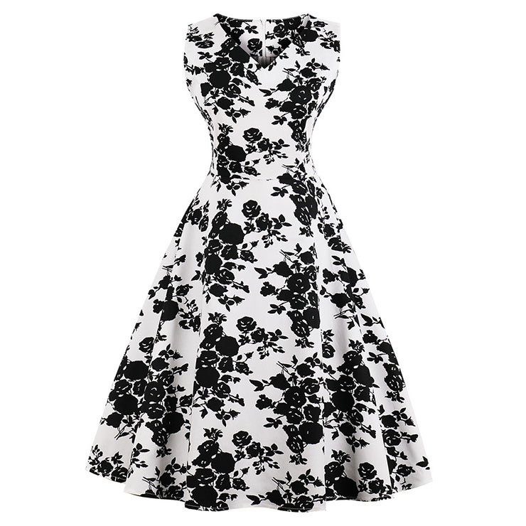 Vintage Black/White Sleeveless V Neck Floral Print Midi Swing Party ...