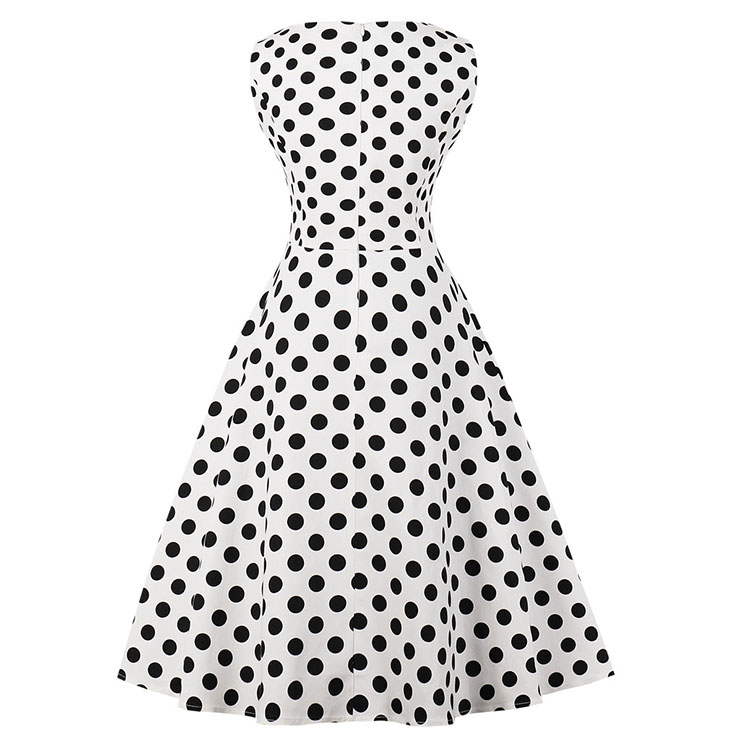 Vintage Sleeveless V Neck Midi Dress, Retro Polka Dot Print Swing Dress, Classical Sleeveless Printed Midi Dress, Women