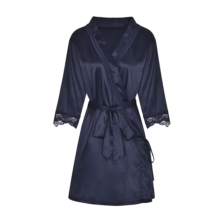 Charming Soft Satin Floral Lace trim Selftying Thin Nightgown Bathrobe with Sash N19247