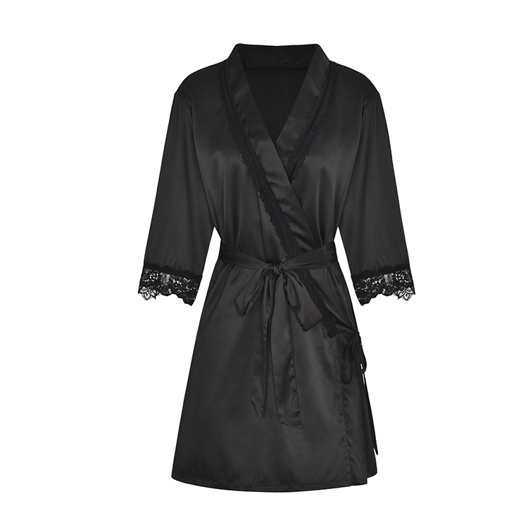 Charming Soft Satin Floral Lace trim Selftying Thin Nightgown Bathrobe with Sash N19248