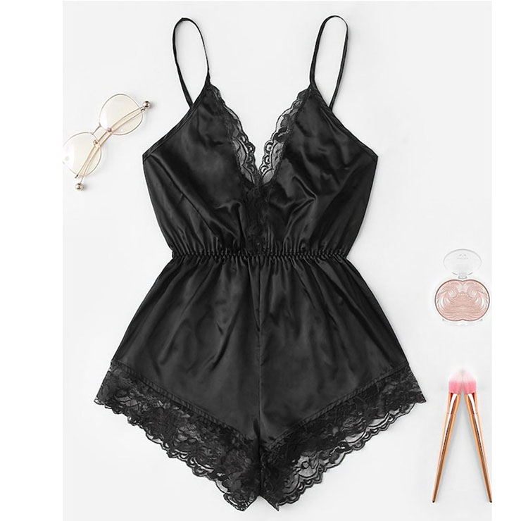 Sexy Black Satin Lace Trim Spaghetti Strap Backless Bodysuit Teddy ...