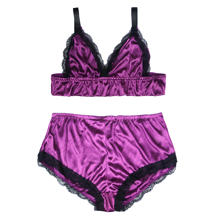 Sexy Purple Satin Spaghetti Strap Lace Trim Bra Top And Panty Lingerie