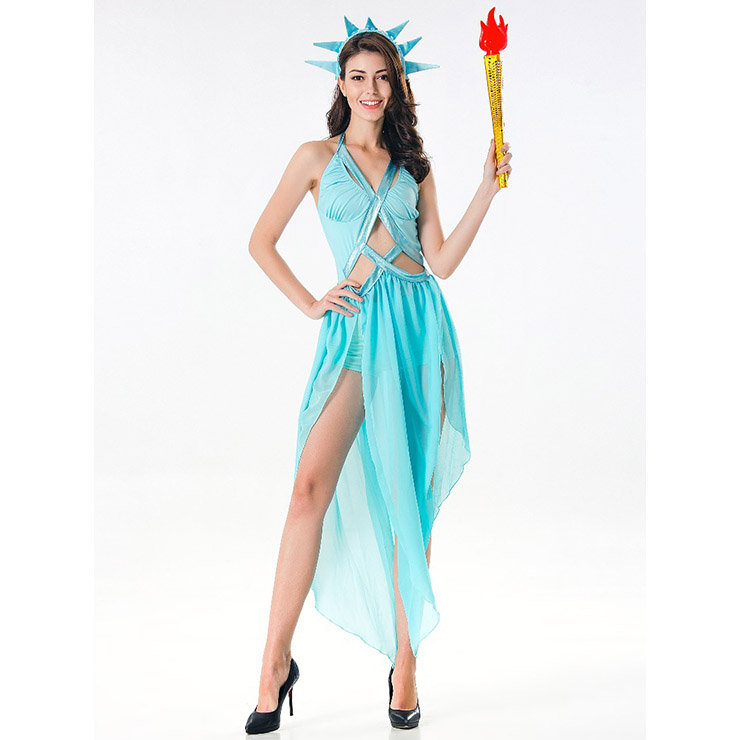 Blue Goddess Costume, Statue of Liberty Halloween Costume, Grecian Goddess Adult Costume, Statue of Liberty Cosplay Costume, Statue of Liberty Adult Costume, #N17078