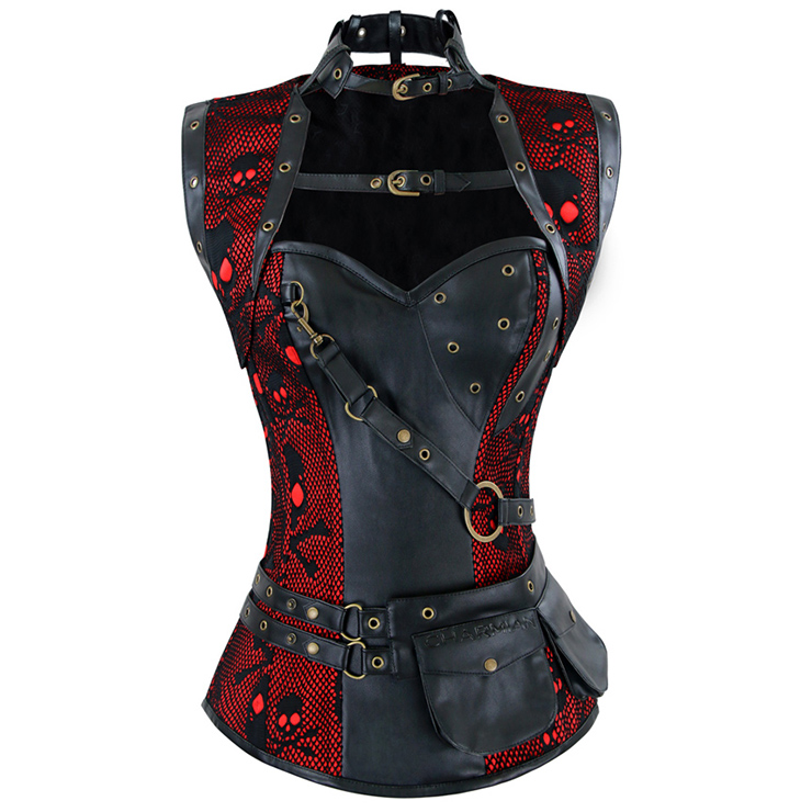 Steampunk Black and Red Steel Boned Skulls Print High Neck Corset with Jacket N10804